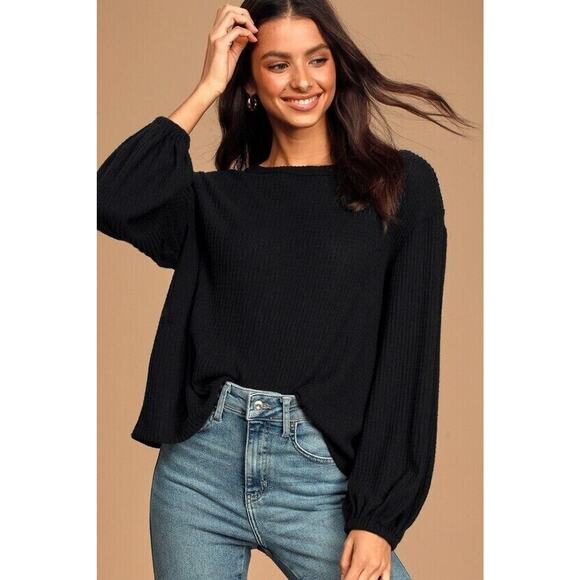 Lulus Jack of All Trades Black Waffle Knit Backless Top Boat Neck Oversize XL - Picture 2 of 6